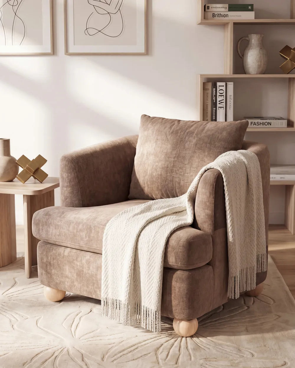 A cozy upholstered armchair in a warm taupe-brown fabric, styled with a cream throw blanket and matching pillow in a bright, modern living room setting.
