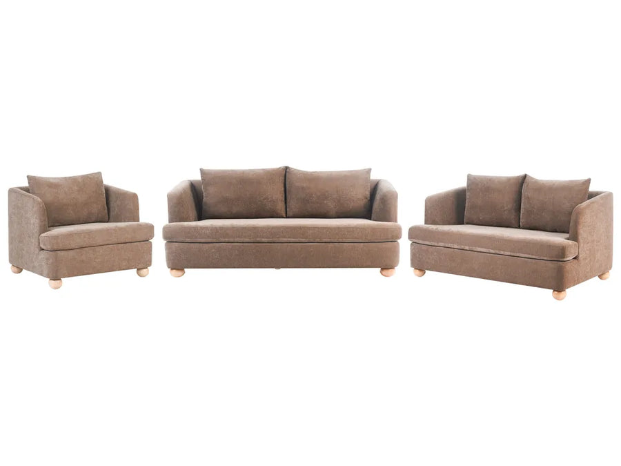 A three-piece upholstered furniture set consisting of a loveseat, a sofa, and an armchair in a textured taupe-brown fabric, shown against a plain white background.