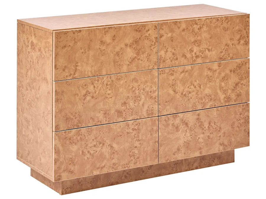 A modern six-drawer dresser with a distinctive burl wood grain finish in warm tan and brown tones, shown on a plain white background.