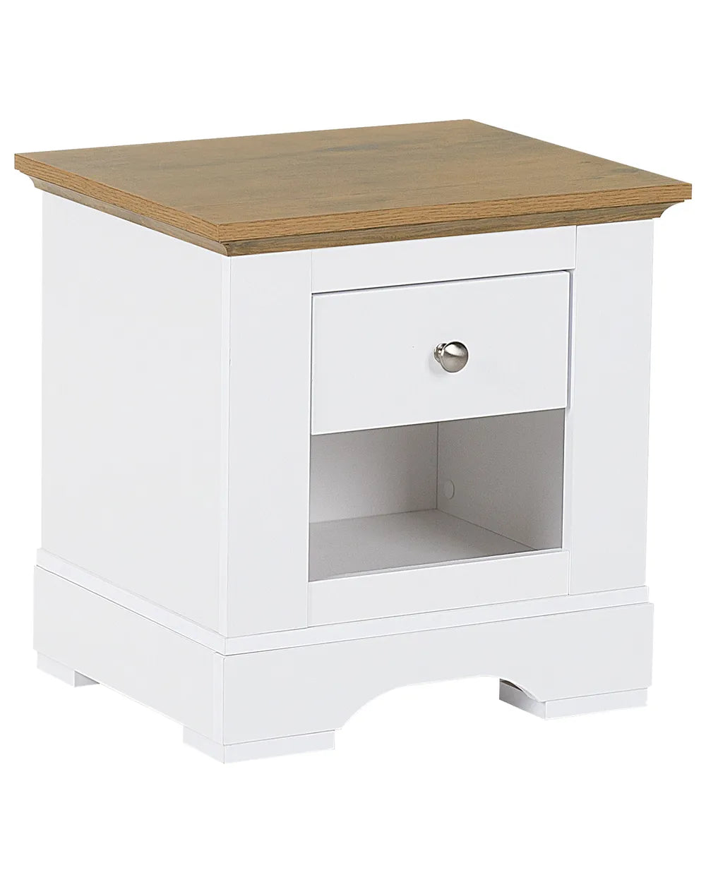 White nightstand with a wooden top on a white background
