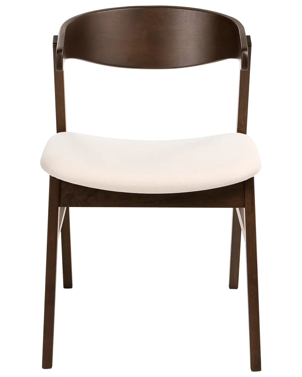 A modern dining chair with a dark brown wooden frame and a curved off-white upholstered seat, shown against a plain white background.