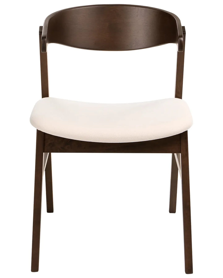 A modern dining chair with a dark brown wooden frame and a curved off-white upholstered seat, shown against a plain white background.