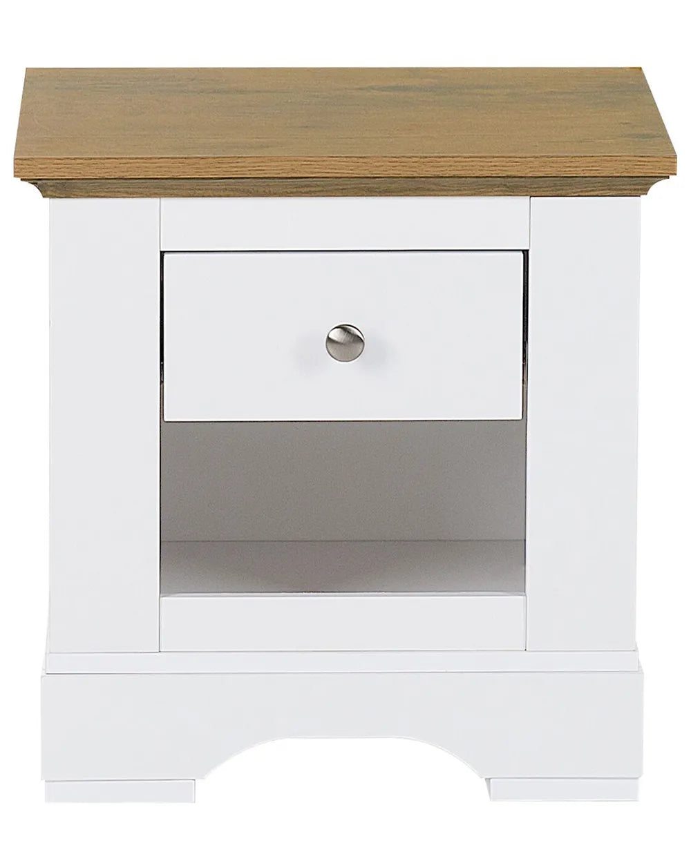 A small white nightstand with a natural oak wood top, featuring a single white drawer with a round silver knob and an open shelf below.