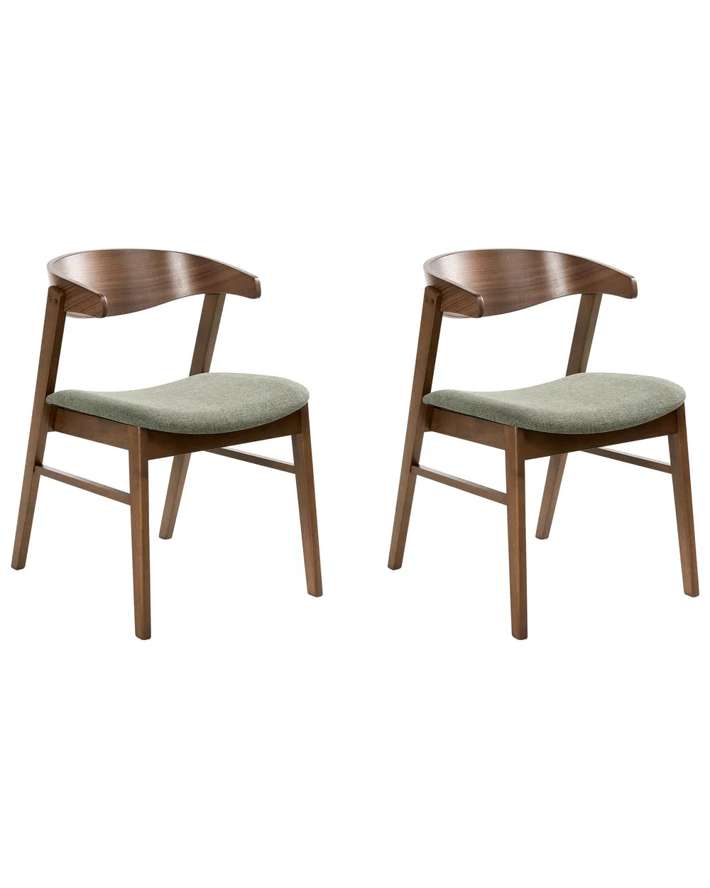 Two wooden chairs with green cushioned seats on a white background