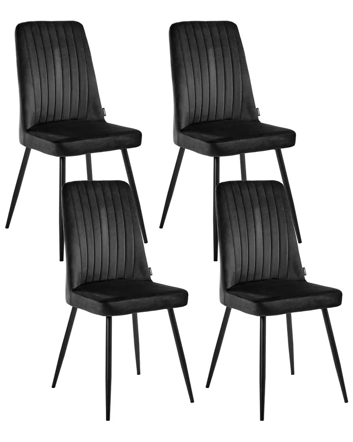 Four black dining chairs with ribbed upholstered backs and seats on slim angled legs, shown on a plain white background.