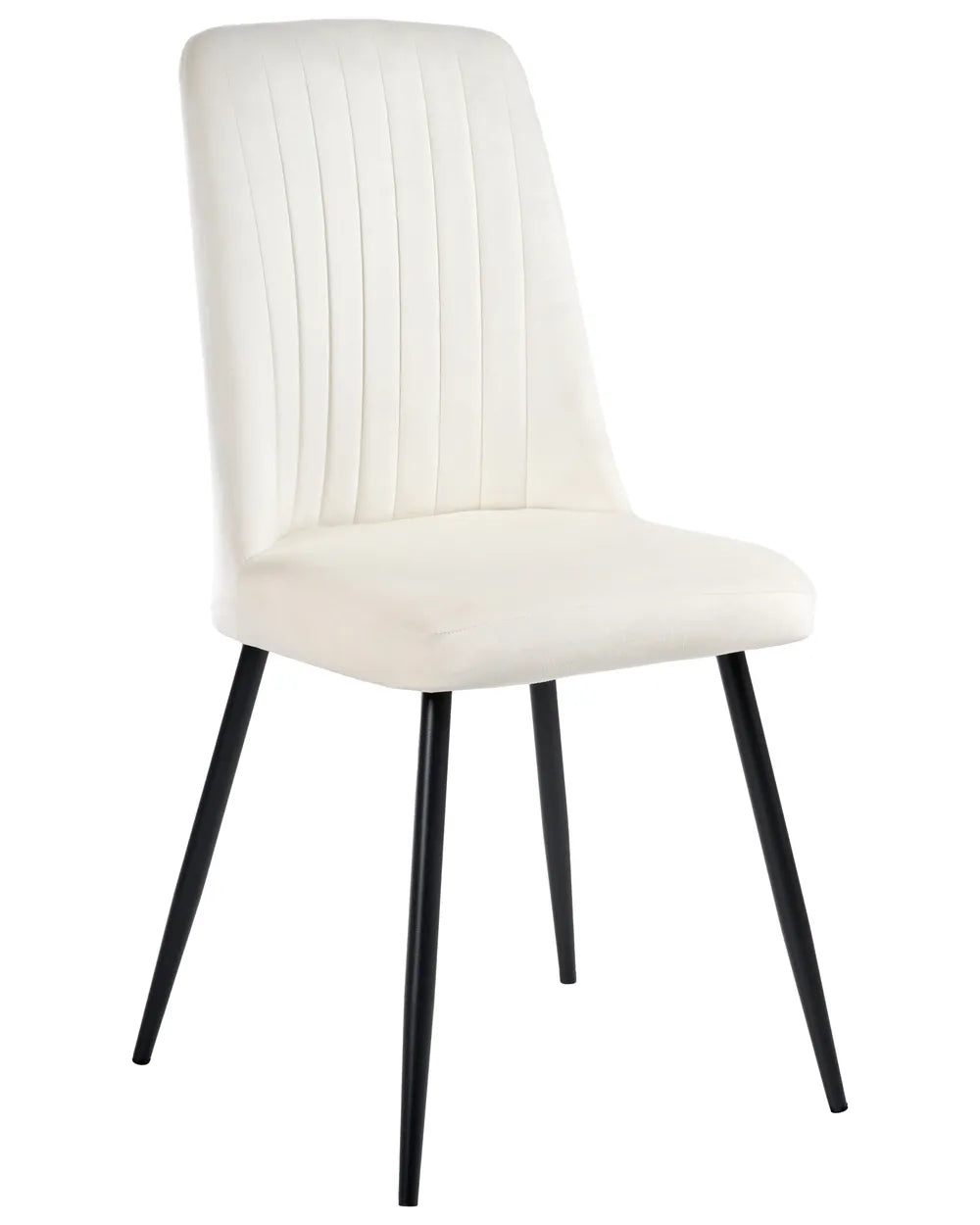 An upholstered dining chair with a cream-colored seat and backrest featuring vertical channel tufting, supported by four slim black metal legs, shown against a plain white background.