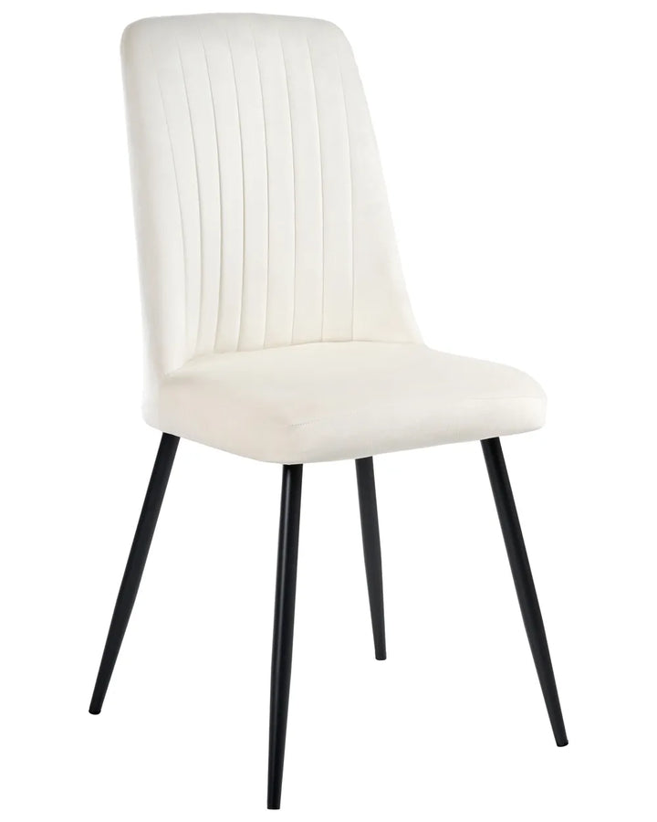 An upholstered dining chair with a cream-colored seat and backrest featuring vertical channel tufting, supported by four slim black metal legs, shown against a plain white background.