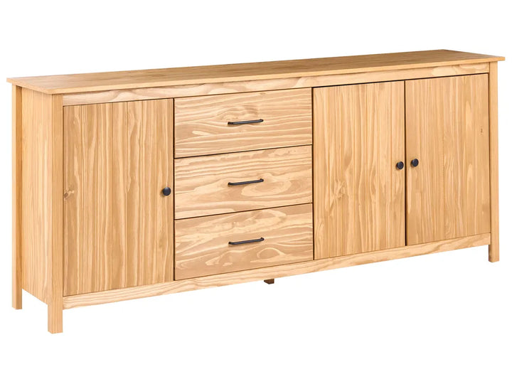 Wooden sideboard with doors and drawers on a white background