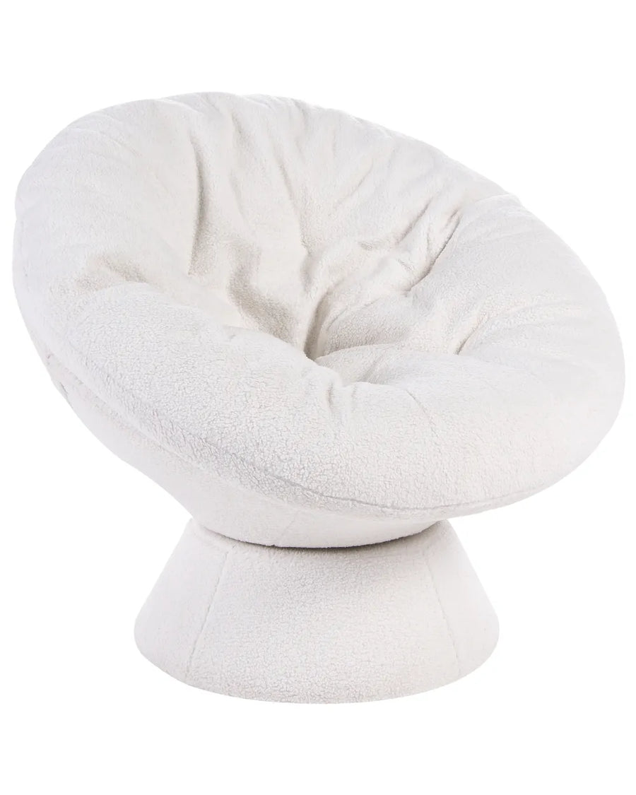 A round, tufted, cushioned chair upholstered in a soft off-white bouclé fabric, shown against a plain white background.