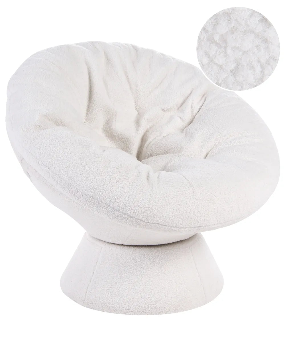 White papasan chair with a close-up inset showing texture details on a white background