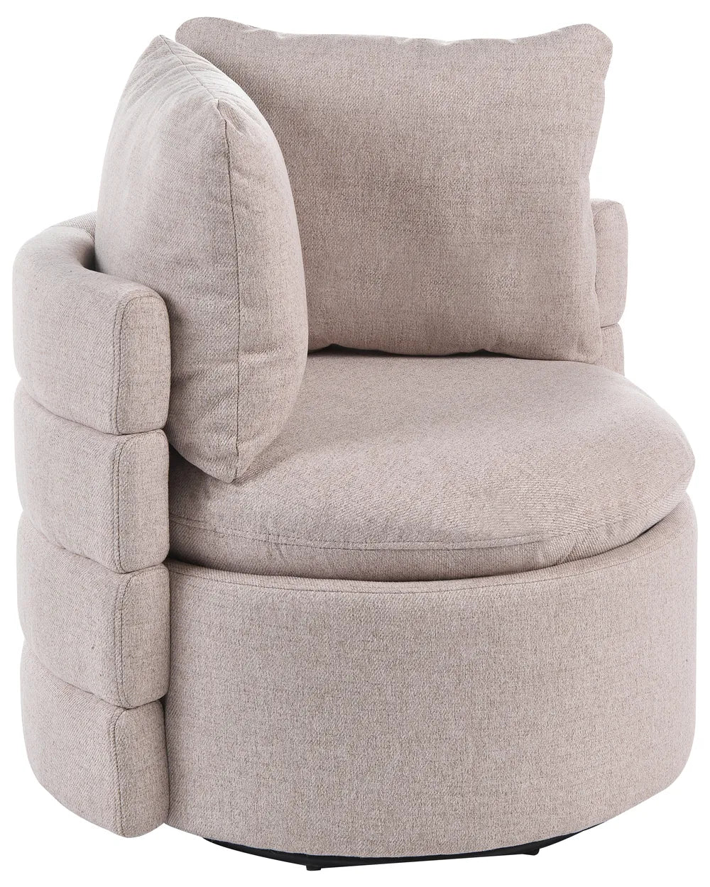 A modern round swivel armchair upholstered in a textured light beige fabric, featuring a segmented tubular frame, a thick seat cushion, and a matching back cushion, shown against a plain white background.