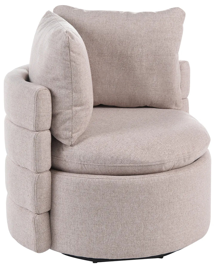 A modern round swivel armchair upholstered in a textured light beige fabric, featuring a segmented tubular frame, a thick seat cushion, and a matching back cushion, shown against a plain white background.