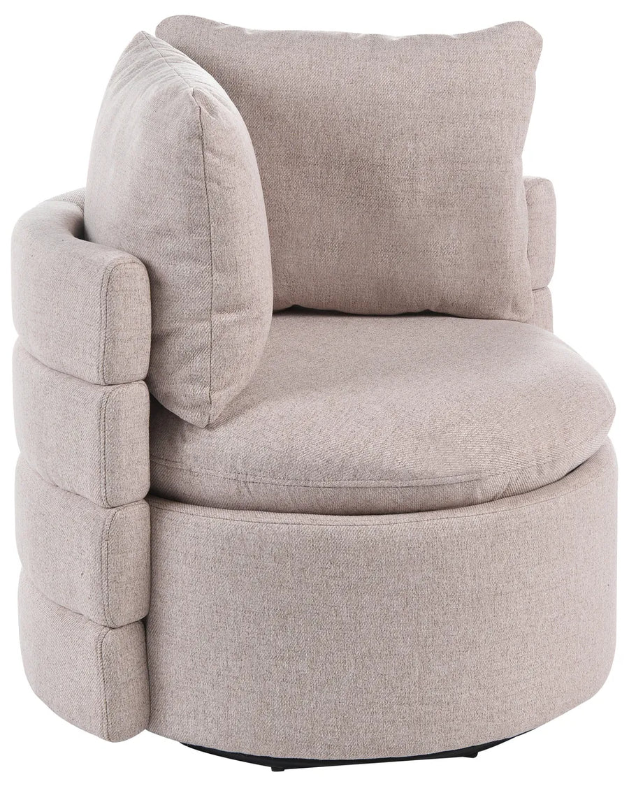 A modern round swivel armchair upholstered in a textured light beige fabric, featuring a segmented tubular frame, a thick seat cushion, and a matching back cushion, shown against a plain white background.