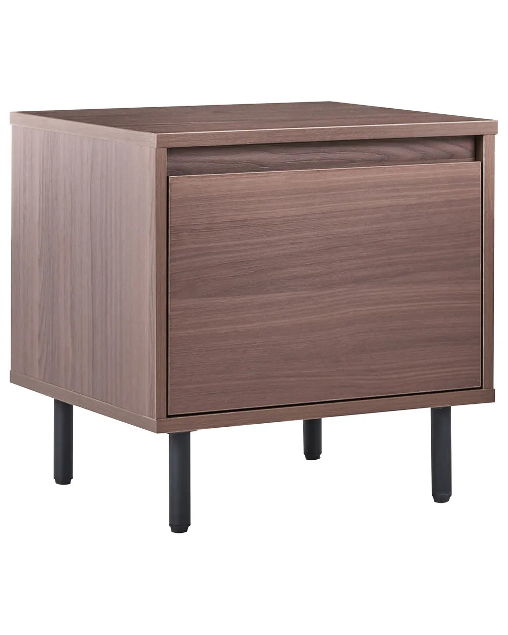 Wooden nightstand with a single drawer on a white background