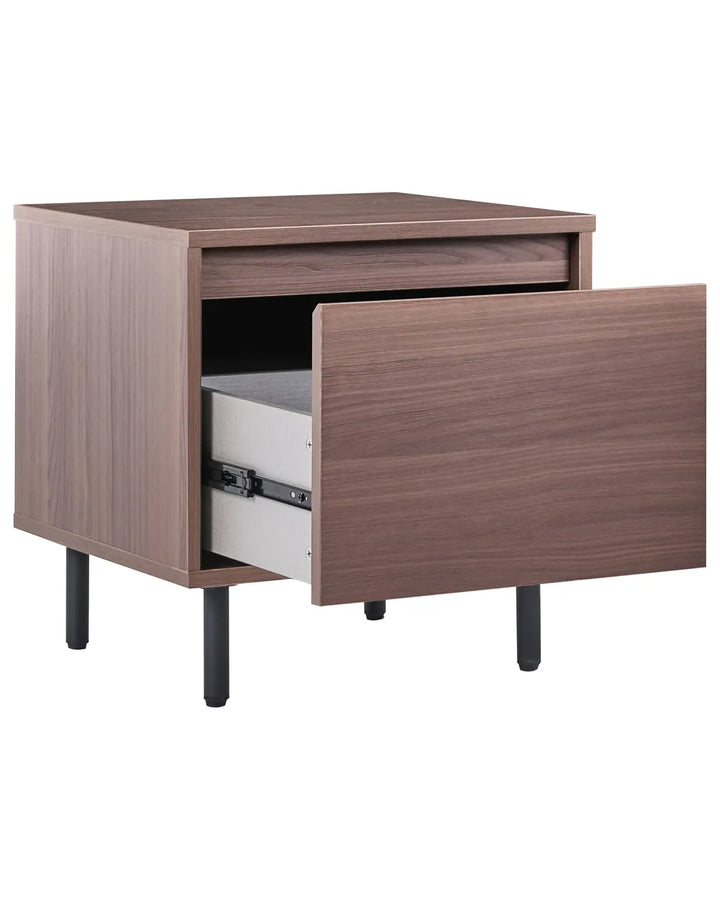 Wooden side table with open drawer on a white background