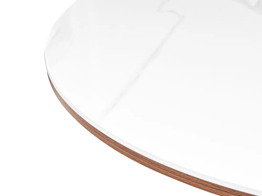 Close-up of a round white table top with a thin brown wood edge, shown on a clean white background.