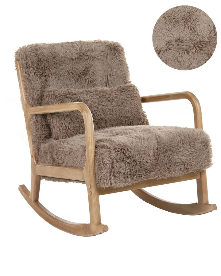 A wooden rocking chair with plush, shaggy taupe-brown faux fur upholstery, shown on a plain white background with a circular fabric texture inset in the top right.