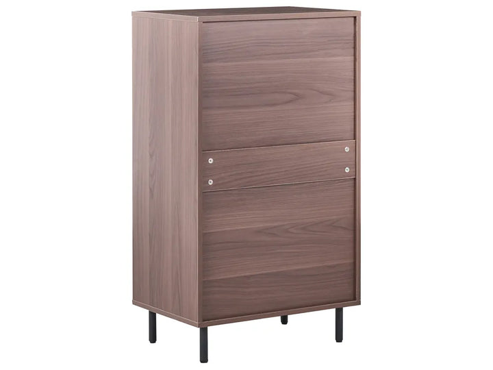 A tall, narrow storage cabinet with a medium brown wood grain finish, featuring two front drawers with small silver knobs and black metal legs, shown against a plain white background.