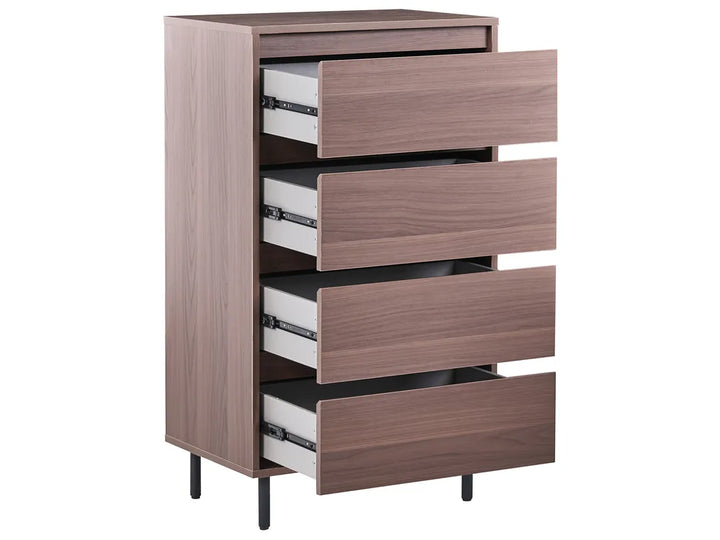 A modern 4-drawer chest of drawers with a brown wood-grain finish and black legs, shown on a plain white background with two drawers pulled out to reveal white interiors and metal hardware.