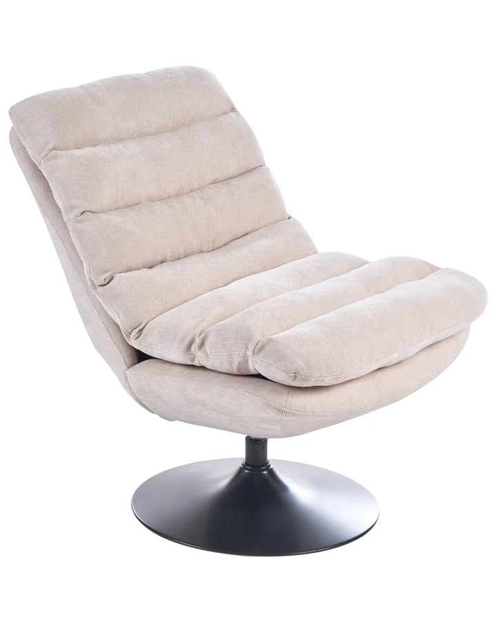 A modern upholstered swivel lounge chair with a high, cushioned backrest and a black metal pedestal base, shown on a plain white background.