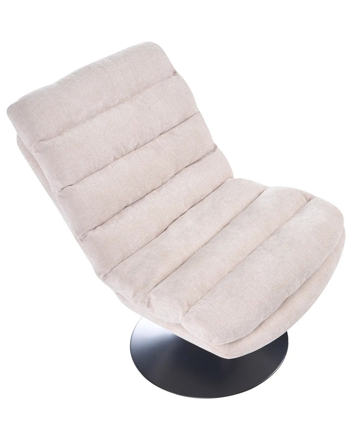 Beige cushioned chair with a black base on a white background