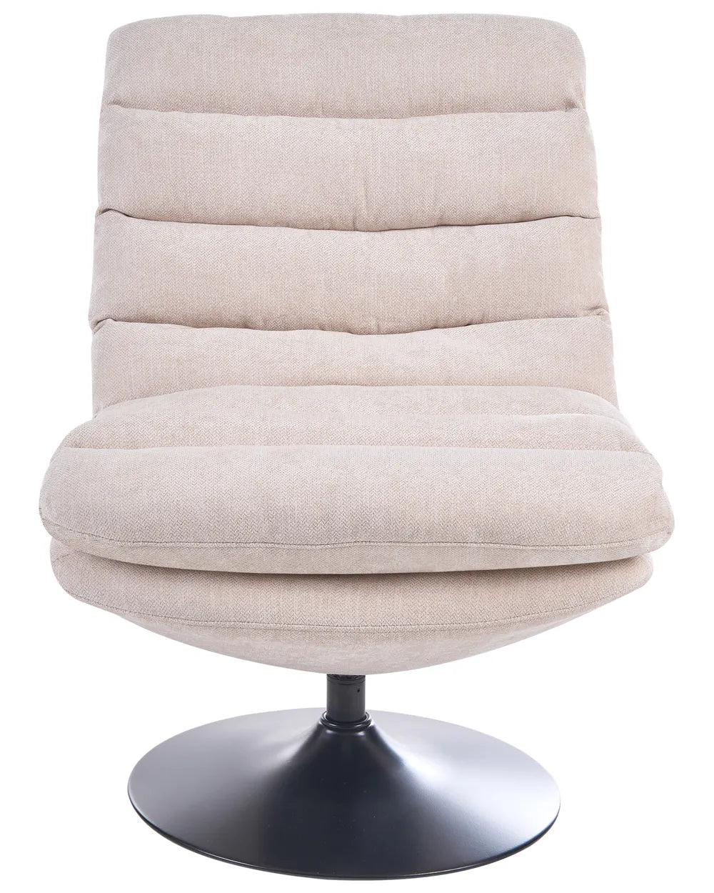 A modern upholstered swivel chair with a high, horizontally channel-tufted backrest, padded seat, and a round black metal pedestal base, shown on a plain white background.