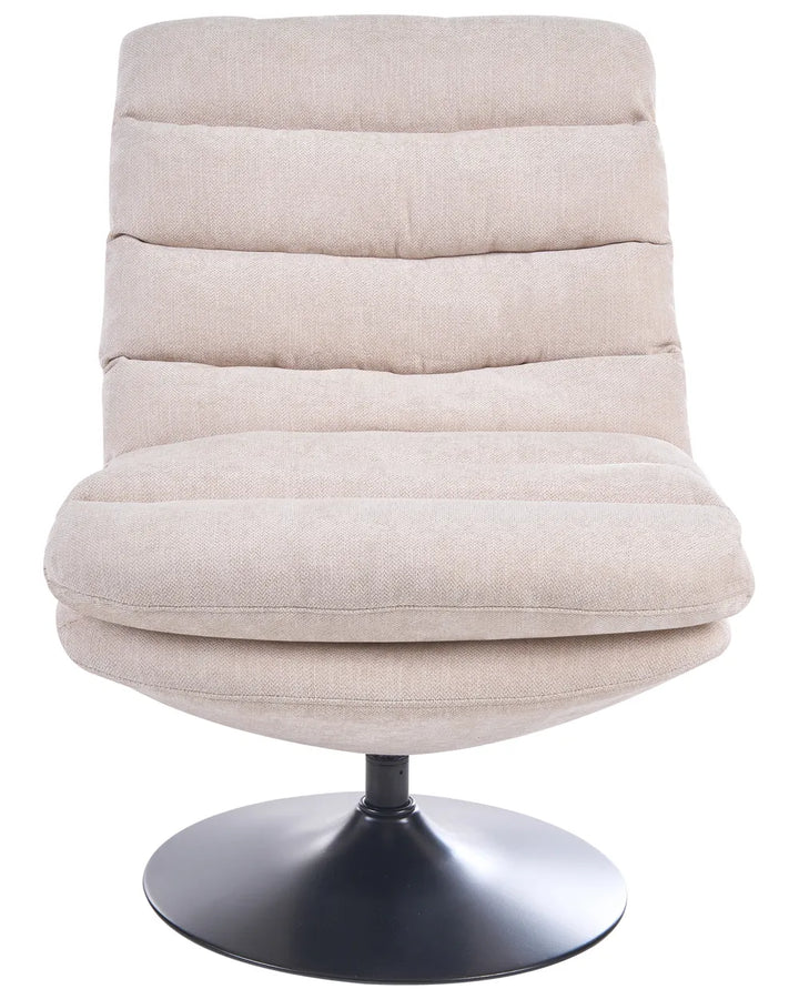 A modern upholstered swivel chair with a high, horizontally channel-tufted backrest, padded seat, and a round black metal pedestal base, shown on a plain white background.