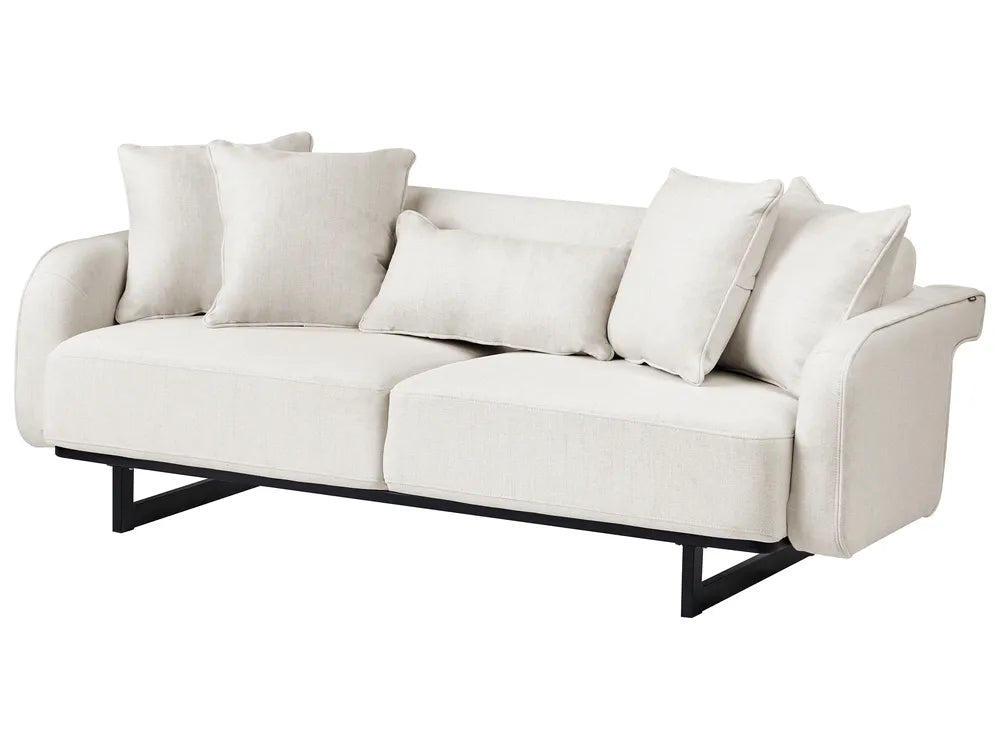 A modern two-seater sofa upholstered in a light cream fabric with matching throw pillows and a black metal frame, shown against a plain white background.