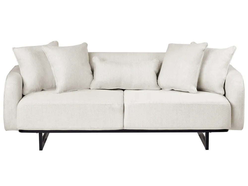 A modern two-seater sofa in a light beige textured fabric, styled with five matching throw pillows and supported by slim black metal legs, shown against a plain white background.