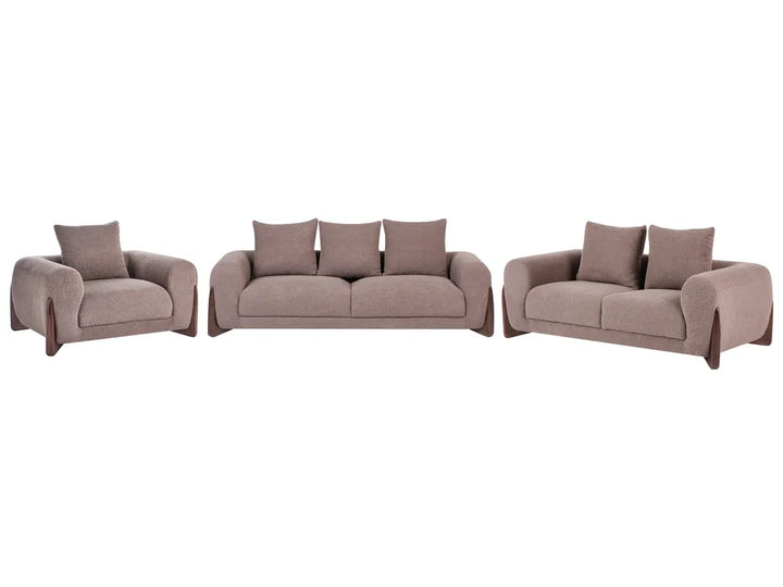 A three-piece upholstered furniture set consisting of a loveseat, a three-seat sofa, and an armchair, all in a matching taupe fabric with dark wooden legs, shown against a plain white background.