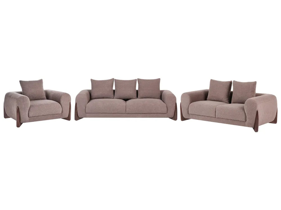A three-piece upholstered furniture set consisting of a loveseat, a three-seat sofa, and an armchair, all in a matching taupe fabric with dark wooden legs, shown against a plain white background.