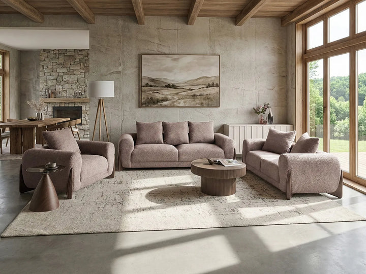 Modern living room with brown sofas, coffee table, and large windows.