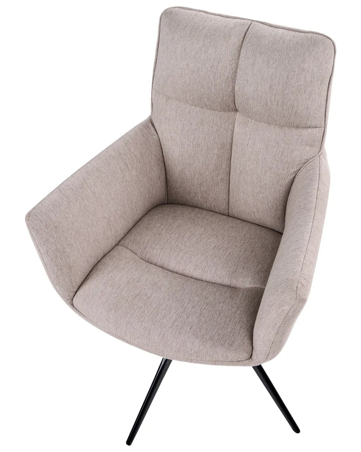 A modern upholstered accent chair with a high back, wide armrests, and black metal legs, shown on a plain white background.