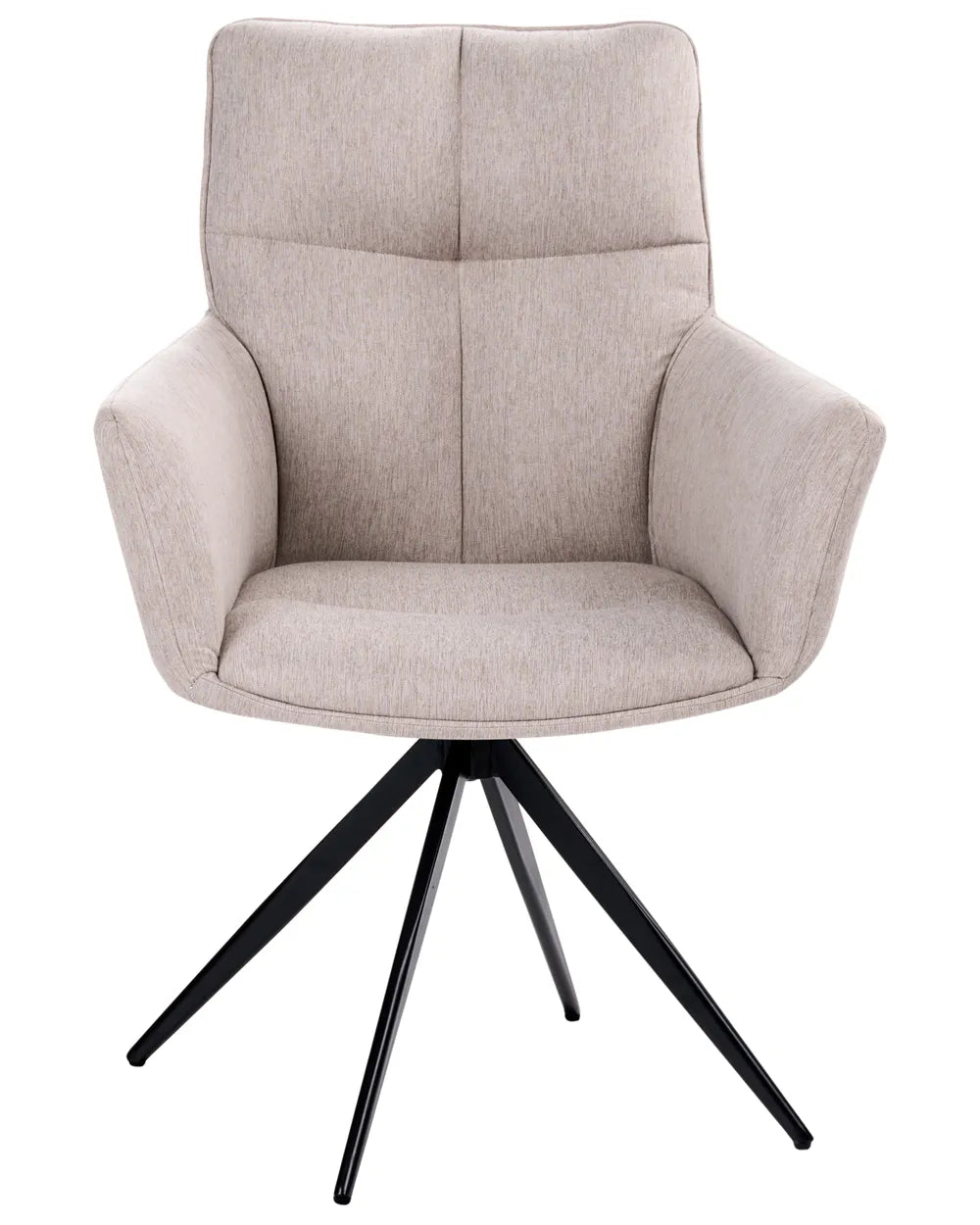 A modern upholstered swivel armchair with a high back, padded arms, and a black metal four-star base, shown on a plain white background.