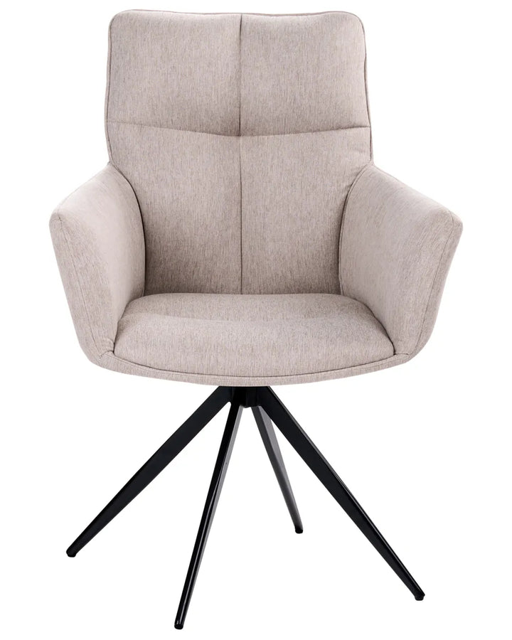 A modern upholstered swivel armchair with a high back, padded arms, and a black metal four-star base, shown on a plain white background.