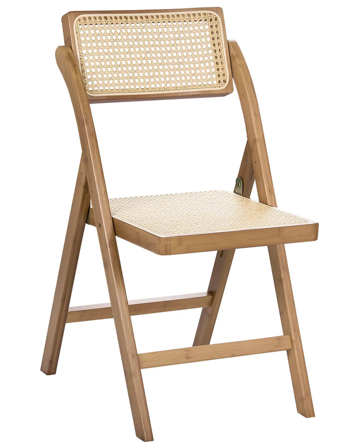 Wooden folding chair with wicker seat and backrest on a white background