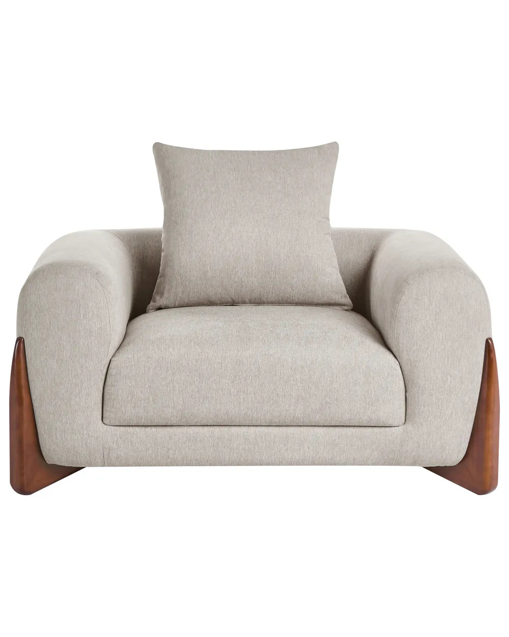 Beige armchair with wooden legs and a matching pillow on a white background