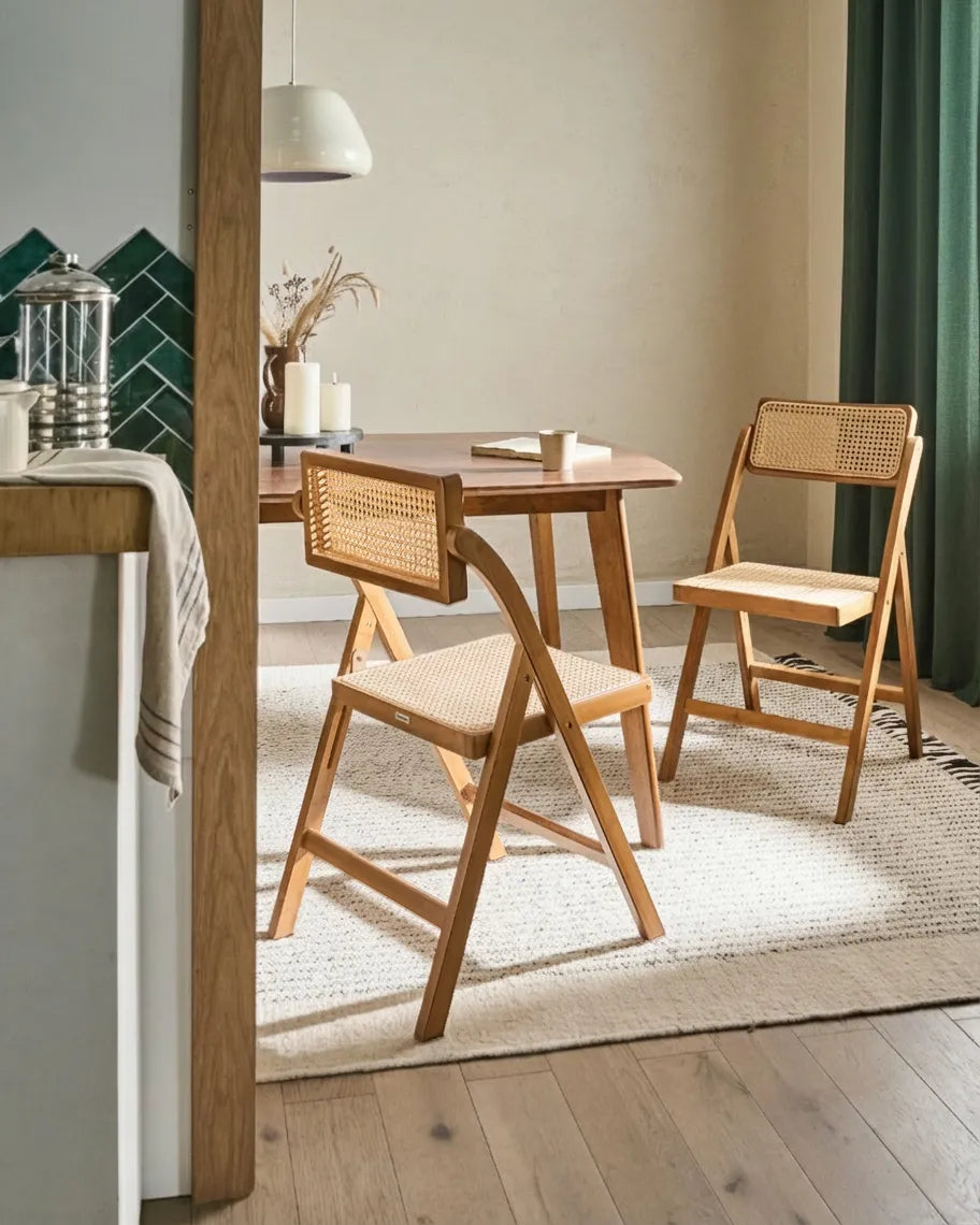 Dining area with wooden table and chairs in a room with green tiled wall and white rug.