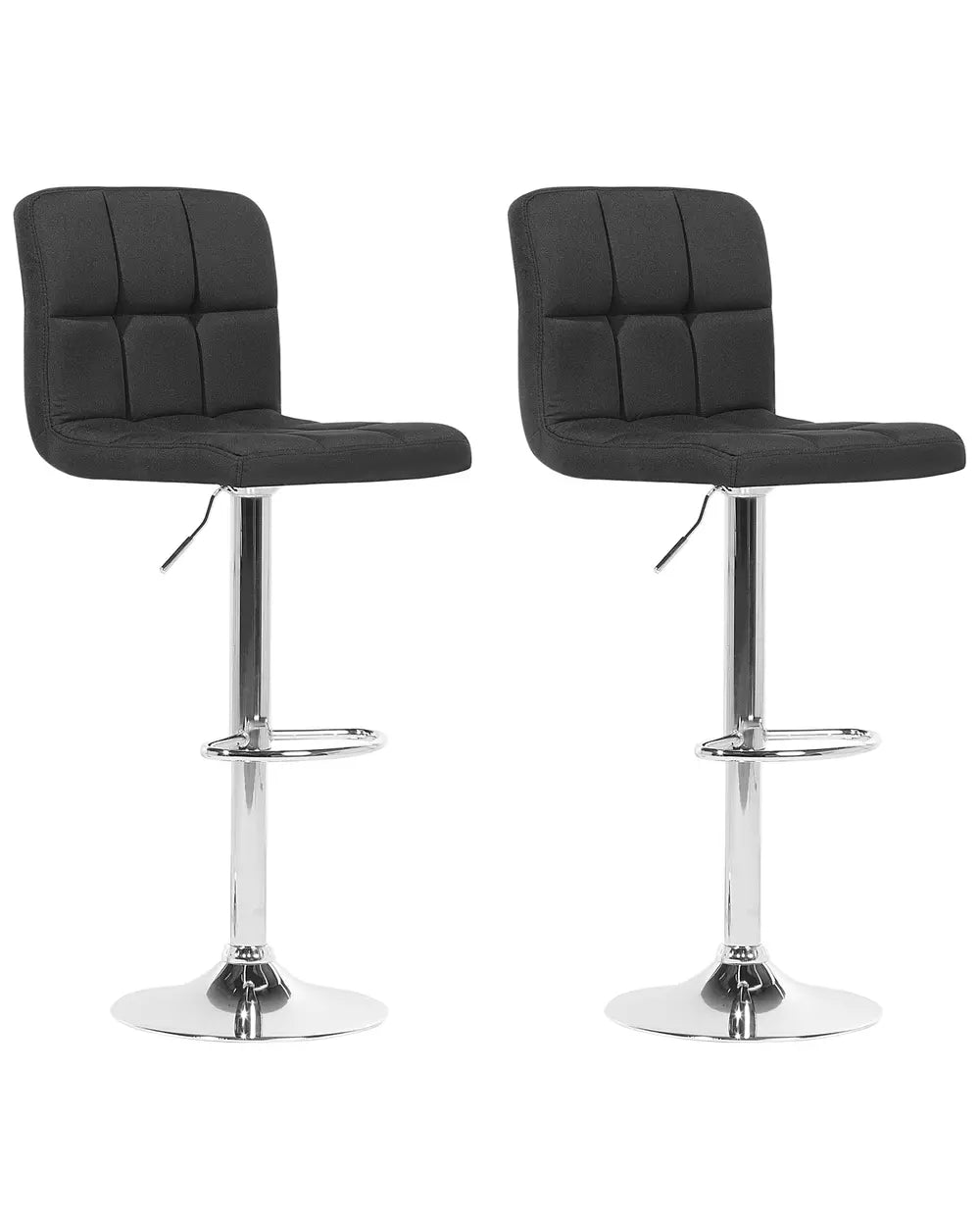Two black bar stools with quilted seats on a white background