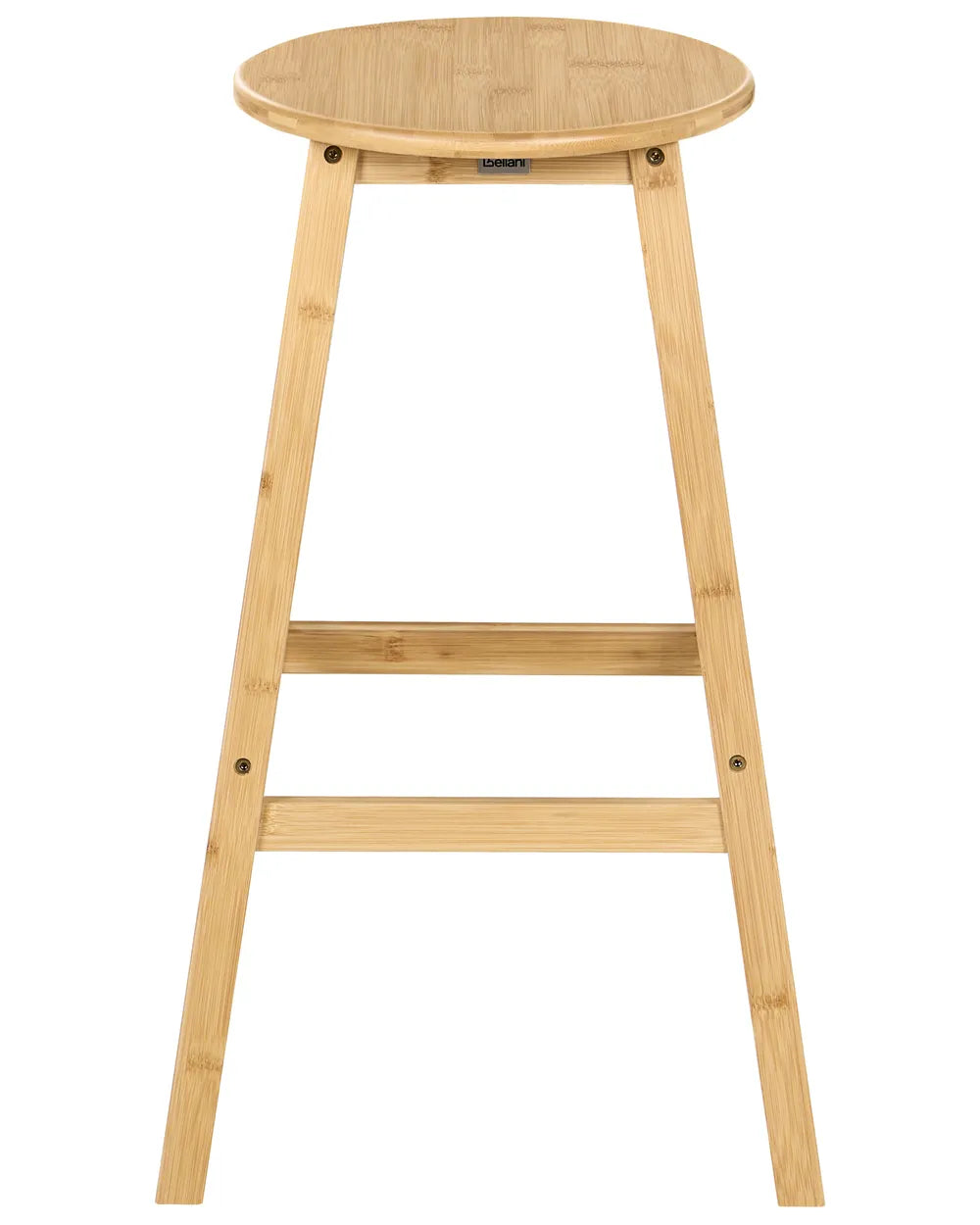 A light natural bamboo stool with a round seat, four tapered legs, and two horizontal support bars on a solid white background.