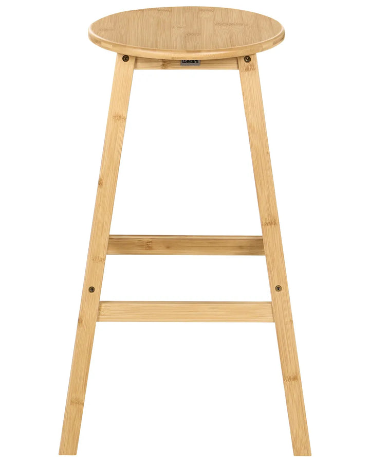 A light natural bamboo stool with a round seat, four tapered legs, and two horizontal support bars on a solid white background.