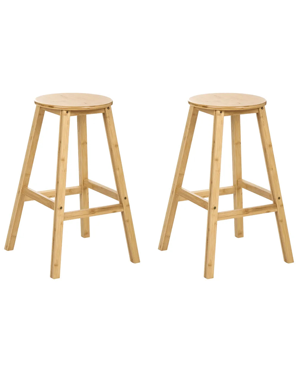Two light natural wood bar stools with round seats and four angled legs, shown on a plain white background.