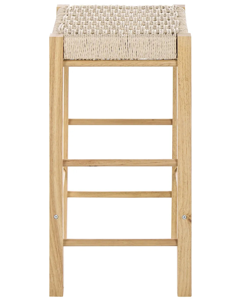 A wooden bar stool with a light natural oak frame, three front support rails, and a woven rope seat on a plain white background.