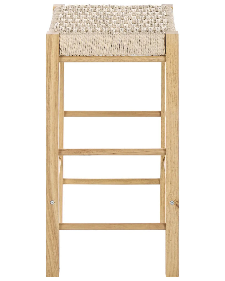 A wooden bar stool with a light natural oak frame, three front support rails, and a woven rope seat on a plain white background.