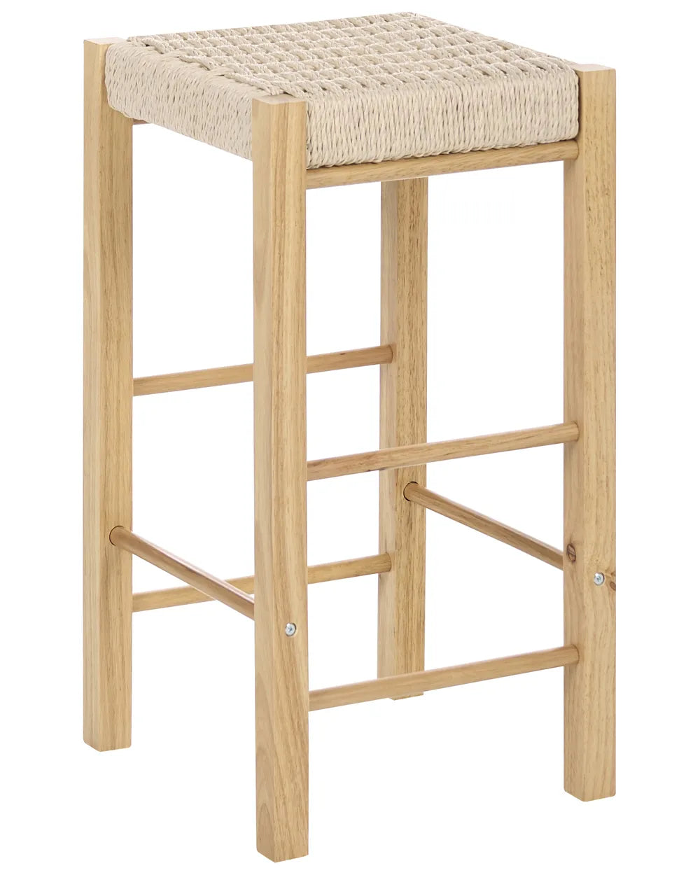 A wooden bar stool with a light oak frame and a woven natural-fiber seat, shown on a plain white background.