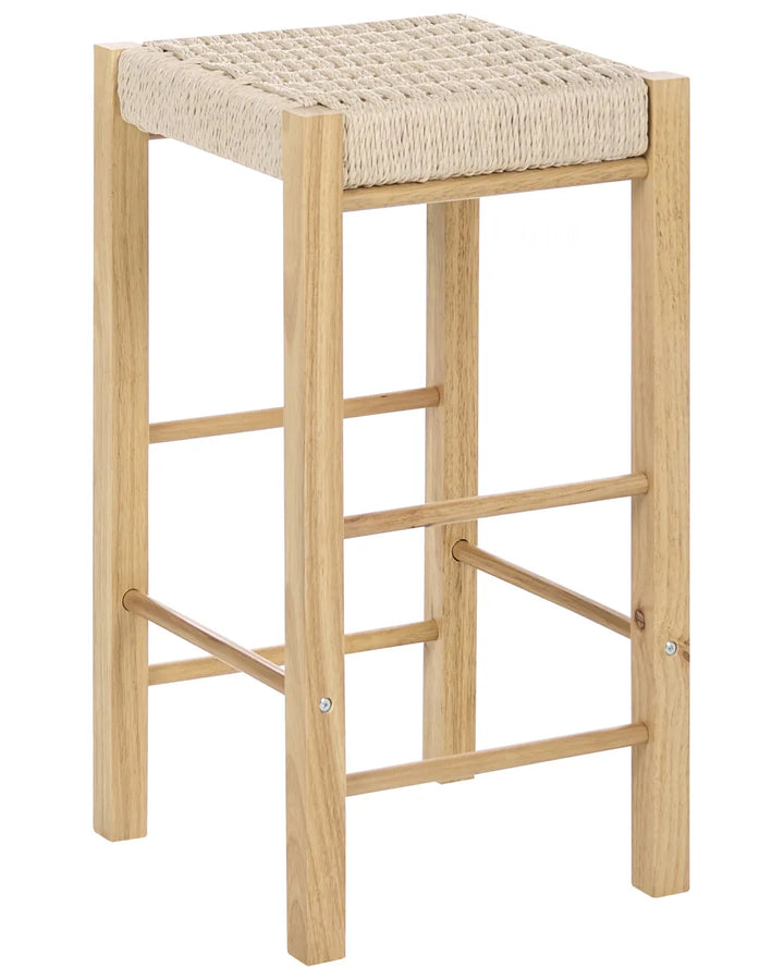 A wooden bar stool with a light oak frame and a woven natural-fiber seat, shown on a plain white background.