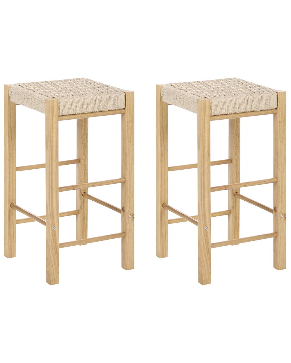 Two matching bar stools with light natural wood frames and woven beige rope seats, shown on a plain white background.