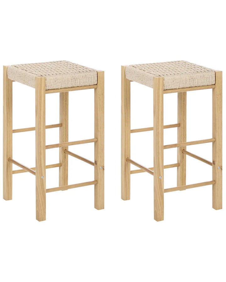 Two matching bar stools with light natural wood frames and woven beige rope seats, shown on a plain white background.