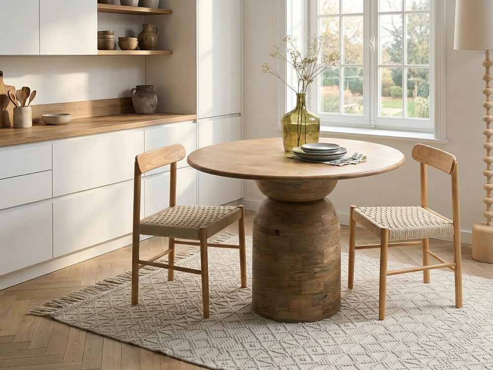 Wooden dining table with chairs in a bright kitchen setting