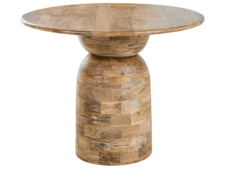Wooden side table with a round top and cylindrical base on a white background